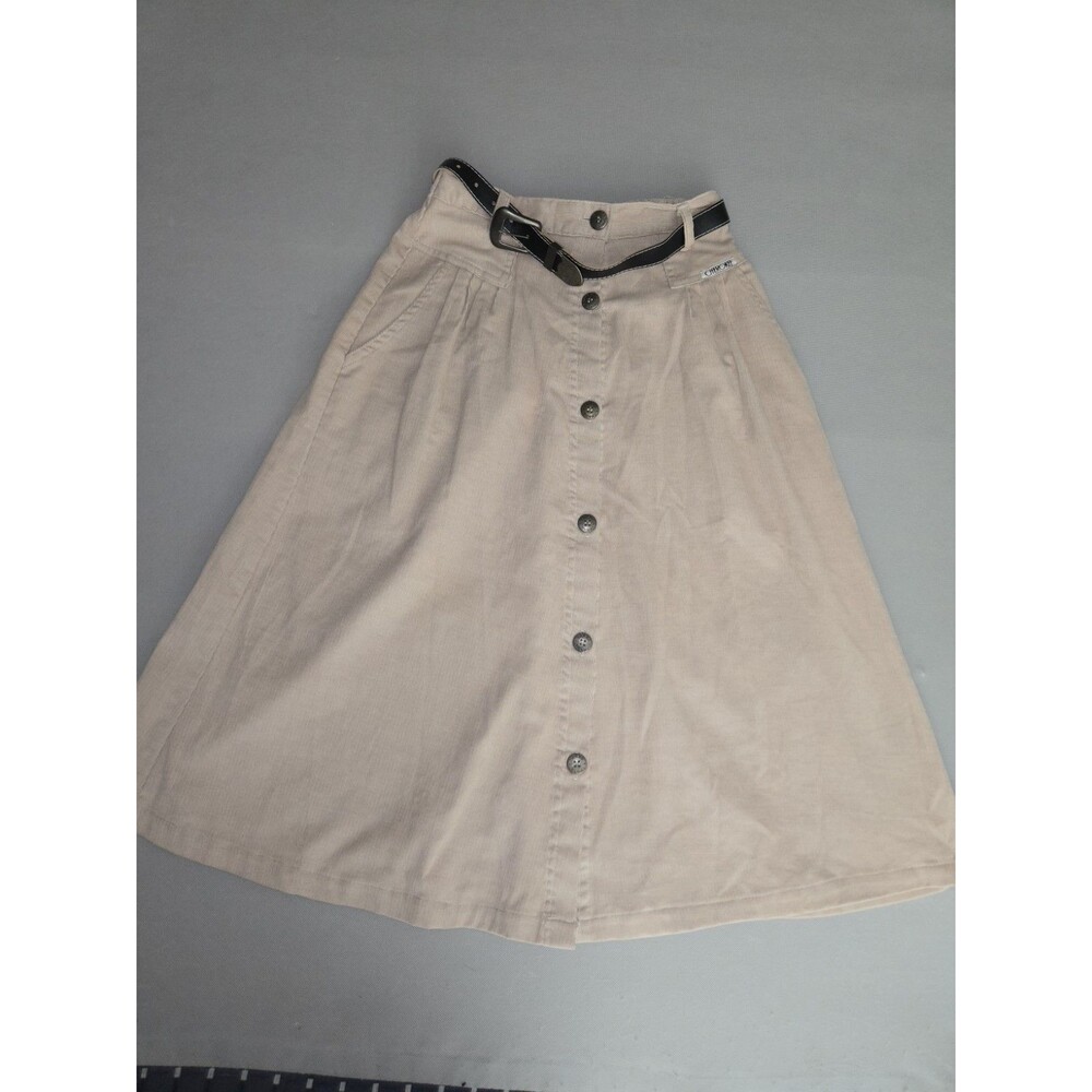 VTG Cherokee Corduroy Button Front Midi Skirt Belted Beige Sz 8 Made in USA